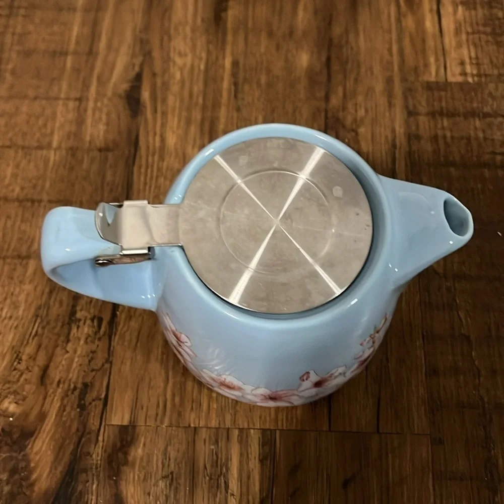 Alfred Ceramic and Stainless Steel Teapot 20 oz Blue Pink Floral Cherry Blossom - Picture 2 of 10